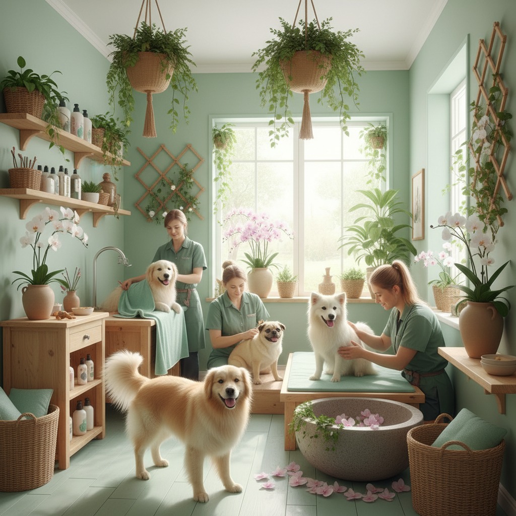 Tres peluqueros caninos atienden a diferentes perros en un salón de belleza luminoso y decorado con plantas.